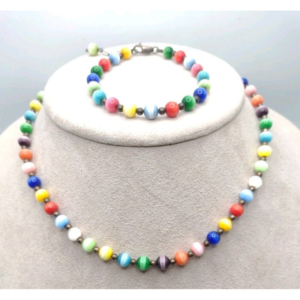 Sterling Silver 925 Cats Eye Glass Bead 16" Necklace & 6.75" Bracelet Set 29.7g